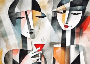 Par drikker vin på restaurant, lærred  vægkunst print af F. Abderrahim