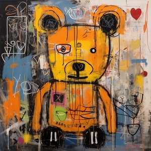 Indretning sød bjørn abstrakt maleri, jean michel basquiat stil, kunsttryk af F. Abderrahim