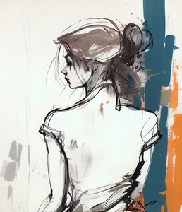 Tegning af en pige bagfra, tegning med minimalistiske linjer, vægbilleder af F. Abderrahim