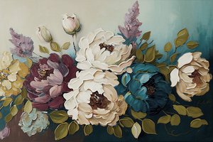 Blomsterbuket af pæoner, horisontale lærredstryk af F. Abderrahim
