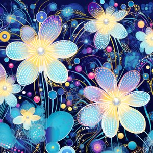 Blomstermotiv i blåt, yayoi kusama-stil, fine art prints online af F. Abderrahim