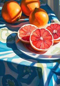 Grapefrugtskiver, indretning køkken stilleben maleri, fine art prints online af F. Abderrahim