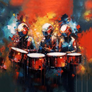 Gruppe af musikere, der spiller trommer, rockmusik, printvenlig digital kunst af F. Abderrahim