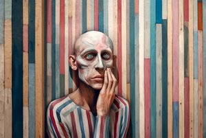Surrealistisk maleri af en trist mand inspireret af Giorgio de Chirico, kunsttryk af F. Abderrahim
