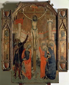 Korsfæstelsen, øverste del af midterpanelet på den store altertavle i Almudaina, fuldført i 1358 (tempera på panel) af F. Bassa and R. Destorrents