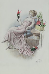 Postkort forestillende en kvinde med flasker champagne i form af mænd, ca. 1900 (farve litho) af F. Kuderna