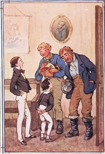 Mr. Peggotty tog to vidunderlige hummere og en enorm krabbe og en stor lærredspose med rejer op af sine lommer, illustration fra David Copperfield, 1914