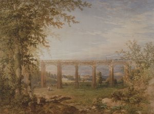 En murstens- og tømmerjernbaneviadukt med damptog, 1849 (wc på papir) (par til 3247622)