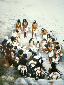 Lenya-ceremoni, Walpi Pueblo, ca. 1900 (farve litho) af F. Seth