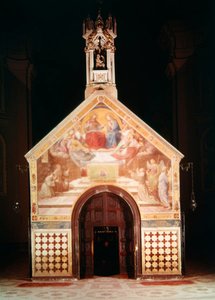 Ydersiden af Porziuncola-kapellet med en fresco, der viser Sankt Frans, der modtager Benådningen af Assisi (af Friedrich Overbeck), 1829; Interiør af Santa Maria degli Angeli (rekonstrueret af Luigi af F and Poletti Overbeck