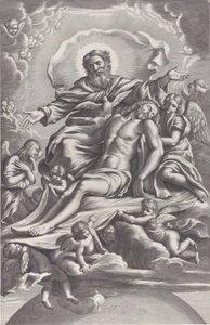 Den Hellige Treenighed, med den døde Kristus i centrum omgivet af engle, Gud Fader, ..., 1650-90. af F. de Louvement
