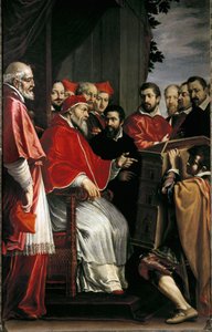 Michelangelo præsenterer model for bygning af Rota-domstolen i Giulia-gaden for pave Julius III af Fabrizio Boschi