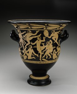 Hvidfigur klokkekrater med dansende satyrer, 400-351 f.Kr. (terracotta) af Faliscan