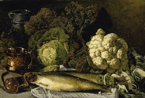 Stilleben med grøntsager og fisk af Fanny Churberg