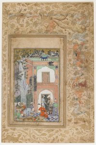 Babur underholder i Sultan Ibrahim Lodis Palace, løsrevet folio fra en spredt kopi af Baburnama (Tuzuk-i Baburi) af Zahir-al-Din Muhammad Babur, ca. 1585 (wc, blæk og guld på papir)