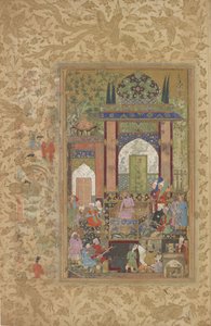 Babur modtager en hofmand, løsrevet folio fra en spredt kopi af Baburnama (Tuzuk-i Baburi) af Zahir-al-Din Muhammad Babur, ca. 1580-85 (wc, blæk og guld på papir)