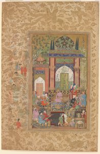 Babur modtager en hofmand, ca. 1580-85 (akvarel og guld på papir)