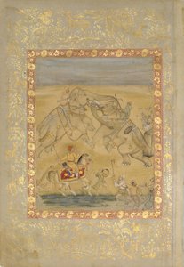 Jahangir ser på en elefantkamp, ca. 1605. af Farrukh Chela