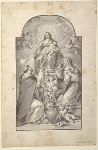 Design til et altermaleri, Saint Dominic og Saint Catherine af Siena modtager rosenkransen fra jomfruen og barnet