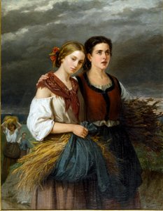 Markernes tilbagevenden To unge bønder iført hvedekolber i deres forklæder står sammen. Maleri af Federica Giuliano Gervasoni (1838-1915) 1863 søn. 135x105 cm Genes Nervi, Galleria d