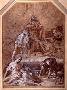 Religiøs allegori, indsamlingen af Manna og eukaristiens institution (pen & blæk og kridt med vask, forhøjet med hvidt på papir) af Federico Fiori Barocci or Baroccio