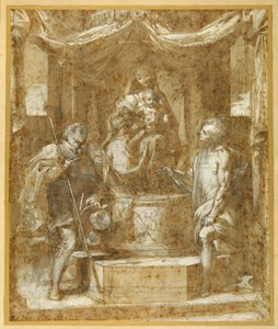 Jomfruen og barnet troner under en baldakin med Sts Roch og Sebastian (pen og brunt blæk med brun vask og forhøjning) af Federico Fiori Barocci or Baroccio