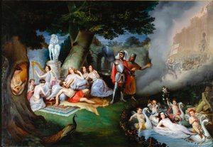 Renaud i Armides have Illustration af en scene af "The Jerusalem delivree" (La gerusalemme liberata) af Torquato Tasso (kendt som kruset). Den fortryllende Armide omgivet af meget symbolske Amours seduit ved hjælp af sit magiske spejl ridderen af Federico Peschiera