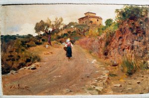 Farmer on the street, ca 1900, af Federico Andreotti (1847-1930), olie på bord, 9x15 cm, Italien
