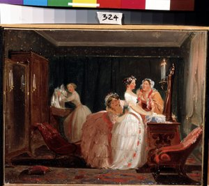 Bryllupsforberedelserne. En borgerlig pige i brudekjole forbereder sig til bryllupsceremonien. Værk af Feodor Andreyevich Bronnikov (1827-1902). Olie på papir, 26 x 33 cm af Fedor Andreevich Bronnikov