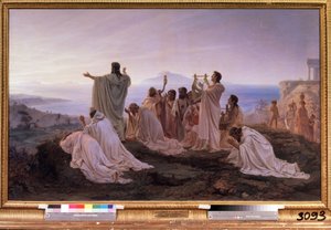 ""The Hymn to the Rising Sun of Pythagoras"" Rituel ceremoni i det antikke Grækenland inspireret af Pythagoras teorier om musik og stjernerne. Maleri af Feodor Andreyevich Bronnikov (1827-1902) 1869 State Tretyakov Gallery Moskva