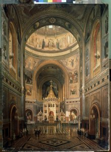 Indvendig udsigt over Kristi Frelsers katedral i Moskva. (Indvendig udsigt over Kristus Frelserens katedral i Moskva) - Bygget mellem 1839 og 1883 af arkitekten Constantin Thon (Ton) - Beskrivelse af arkitekturen og udsmykningen - Maleri af Fedor Andreevich Klages
