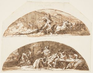 Achilles trækker Hectors krop rundt om Troyens mure, Priam plæderer for Hectors krop, loftsdesign til Galleria di Achille, Palazzo Milzetti, Faenza, Italien