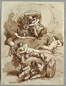 Apollo med lyre, berømmelse, overflod, skønhed og to putti på skyer, studie efter Marcantonio Franceschini af Felice Giani