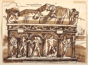 Tegning, En romersk sarkofag i Vatikanmuseet, ca. 1820 af Felice Giani