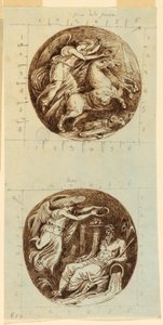 Tegning, En bevinget sejr på en vogn; En bevinget sejr, der kroner en flodgud, Reno; to rundeller, ca. 1805 af Felice Giani