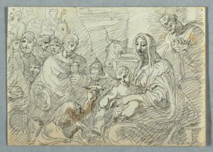 Tegning, Studie af de hellige tre kongers tilbedelse efter Lodovico Carracci, 1800-1820 af Felice Giani