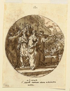Tegning, loftsdesign til Numa Pompilius, der bydes velkommen til Rom efter sit valg, Sala di Numa Pompilio, Palazzo Milzetti, Faenza, 1804-05 af Felice Giani