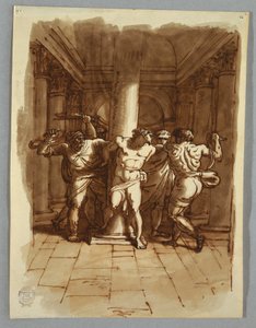 Tegning, side i skitsebog: Kristi flagellation, 1810-15 af Felice Giani