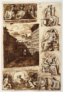 Tegning, forskellige kunstværker.  Hoffet i Palazzo Mattei i Rom, 1812-14 af Felice Giani