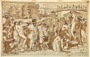 Tegning, Tilbedelse af Venus i et klassisk landskab, ca. 1820 af Felice Giani