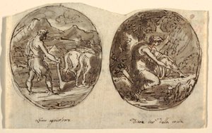 Man the Farmer, Diana the Goddess of the Hunt, Design til hvælvet loft, Sala dei Legislatori, Palazzo Conti-Sinibaldi, Faenza af Felice Giani