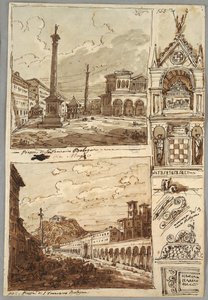 Piazza San Domenico i Bologna; Piazza San Francesco og Villa Aldini i Bologna; Studie af Glossatoris grav af Felice Giani