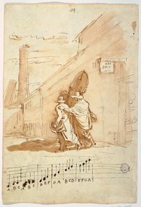 Rekto: Tre musikere foran Albergo Della Pace, 1810 af Felice Giani