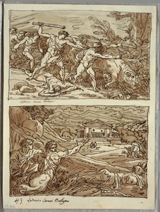 Remus kører væk og dræber flokkernes røvere; Helligdom for de flygtninge på Campidoglio, to studier efter Carracci af Felice Giani