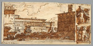 Skitsebogsside, Folio 57: Studie efter Piazza Emmanuelle i Bologna; Verso, arkitektonisk detalje af Felice Giani