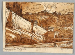 Skitsebogsside, Folio 57: Studie efter Porta di Saragossa i Bologna; Verso, arkitektoniske detaljer af Felice Giani