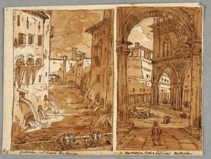 Skitsebogsside, Folio 64: Studie efter Bolognesisk arkitektur og skulptur; Verso: Geometriske designs af Felice Giani