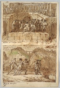 Skitsebogsside, Folio 98: To malerier efter Caravaggio og Raphael; Bagside: Ørn og Okse af Felice Giani