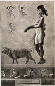 Pornokrates (Nøgen kvinde, øjne strimler, omgivet af engle og holder en gris i snor) - tegning af Felicien Rops (1833-1898)