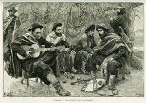 En payador, duel i vers af gående sangere. Gravering af Myrbach, for at illustrere historien Voyage a la Plata, i 1886, af Emile Daireaux, i le tour du monde 1888, instrueret af Edouard Charton (1807-1890), Hachette, Paris.